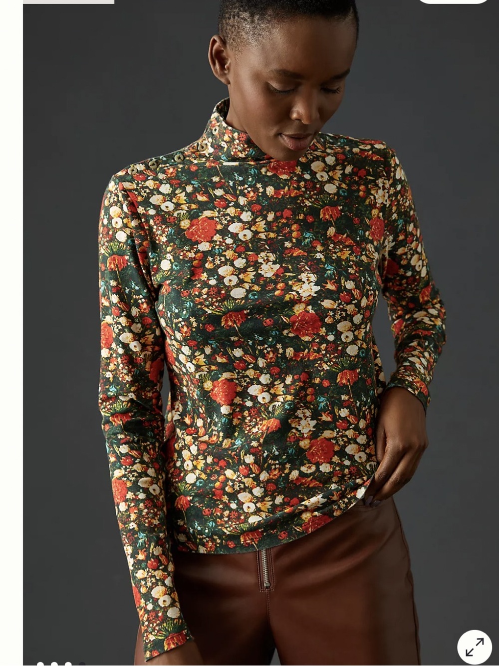 FLAWED! Anthropologie Maeve Floral Button-Shoulder Turtleneck Top Medium